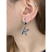 K Harfi, Balon Formlu, Paslanmaz Çelik Küpe 296, Gümüş Renk Gümüş