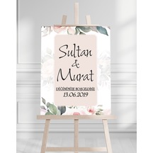 Söz Nişan Düğün İçin 50x70 Karşılama Panosu - Pembe Çiçek Desenli Beyaz