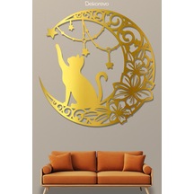 Floral Hilal Ve Kedi Silüeti Dekoratif Metal Tablo - Metal Duvar Sanatı - Altın - 30 X 30 Cm
