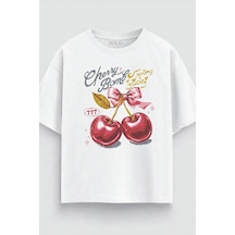 Yolo Street Cherry Bomb Kiraz Baskılı Oversize Beyaz Tişört Y2k Kadın Streetwear T-shirt Beyaz1