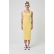 Neden Tekstil Premium Fit Kare Yaka Fitilli Triko Midi Elbise - Sarı