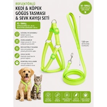 Reflektörlü Kedi Ve Köpek Göğüs Tasması Sevk Kayışı Seti Xs-s 24-36 Cm 120 Cm Kayış - Neon Yeşil Çok Renkli