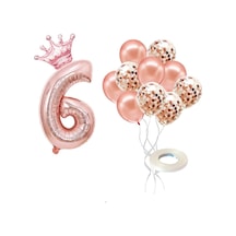 6 Rakam Rose Gold Folyo Balon, Kral Tacı Ve Konfetili Rose Gold Balon