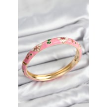 Mineli Pirinç Pembe Çiçek Motifli Gold Kadın Kelepçe - Tj-bb7617 Gümüş