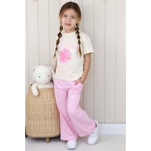 Riccotarz Kız Çocuk Üzeri Papatya Detaylı Ve Feeling Baskılı T-shirt Pembe Salaş Pantolon Alt Üst Takım Pembe