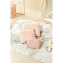 Ocean Home Textile 3'lü Su Geçirmez Pvc Astarlı Pembe Dama Desen Islak Kuru Çantası 20 X 13 / 24 X 20 / 30 X 24 Cm