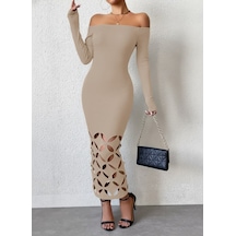 Efnaz Style Kadın Madonna Yaka Uzun Kollu Lazer Çiçek Kesim Detaylı Uzun Ithal Krep Elbise Bej