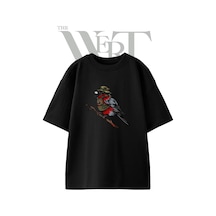 Thewert Savasci Kus Tasarım Baskılı Ünisex Siyah Oversize T-shirt