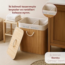 Porsima Pbt-440 Çift Bölmeli Kapaklı Kirli Çamaşır Sepeti Dikdörtgen - İki Bölmeli Bambu Kirli Çamaşır Sepeti Bambu