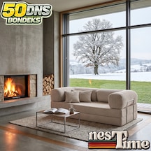 Nestime 200x100 Comfortnest Kanepe / Aktivite Koltuğu / Yatak 50 Dns Dayanıklı Orta Sert Sünger, Çıkarılabilir Kılıf, Pati Dostu Fitilli Kadife Kumaş Krem