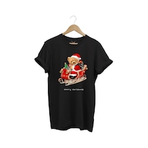 Christmas Baskılı Sevimli Ayıcık Yılbaşı Noel %100 Pamuk Regular Fit Bisiklet Yaka Siyah T-shirt Siyah