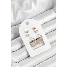 Pirinç Zirkon Taş Ve Halka Figürlü Gold Renk 3'lü Çift Kadın Küpe Set - Tj-bkp10652 Çok Renkli