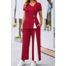 Veraura Lifestyle Kadın Kısa Kollu Asimetrik V Yakalı Yandan Düğmeli Janjankrep Bluz Ve Pantolon Ikili Takım Kırmızı