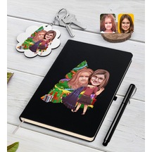Kişiye Özel Yıl Kız Kardeşler Karikatürlü Siyah Defter Kalem N11.3897 Siyah