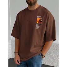 Beach Logo T-shirt - Kahve Baskılı Oversize Bisiklet Yaka Kısa Kol Kahverengi