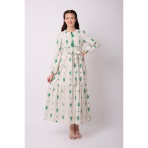 Violevin Er-cool Kadın Kuşaklı Keten Elbise 8039-28-yeşil