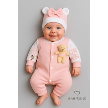 Babyden's Teddy Bear Temalı Yenidoğan Fitilli Tulum Takımı Ayıcıklı Kız Bebek Tulum Şapka Set %100 Pamuk Açık Pembe