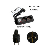 Avarson 2'li İkili Priz Topraklı Anahtarlı Kablolu Siyah 3x1,5 Ttr 12 On İki Metre