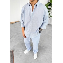 Mavi Premium Keten Basic Oversize Gömlek Mavi