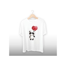 Panda Balon Detaylı Unisex Tişört Beyaz