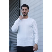 Hk Premium Bisiklet Yaka Örgü Desenli Slim Fit Triko Kazak Beyaz