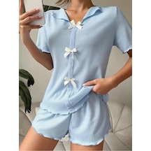 Bella Notte V Yaka Pamuklu Fiyonk Detaylı Pijama Takımı Mavi