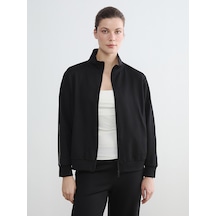Lcwaıkıkı Classic Siyah Dik Yaka Şerit Detaylı Kadın Fermuarlı Sweatshirt