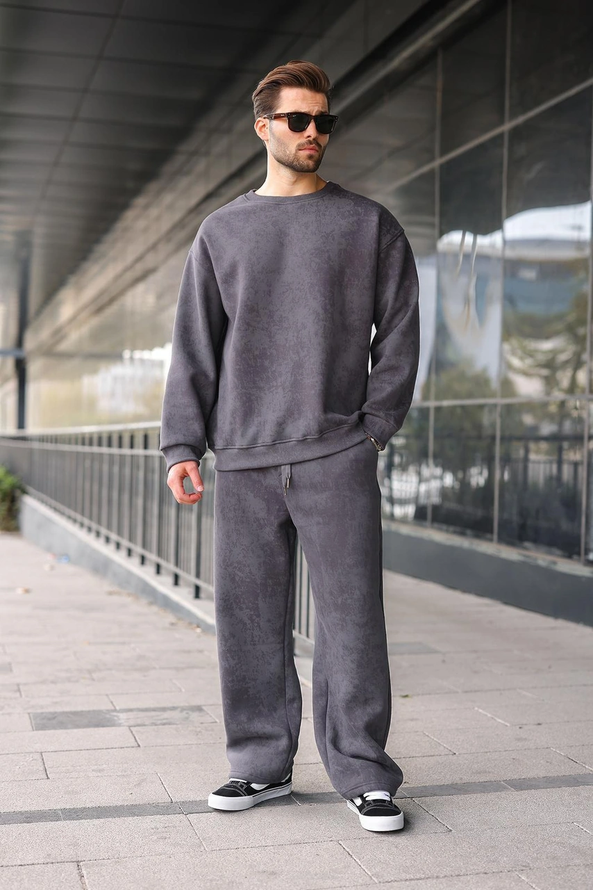 Madmext Füme Bisiklet Yaka Batik Desenli Erkek Sweatshirt Pantolon Takım E7344 Füme