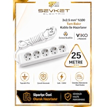 Viko 5'li Grup Priz 25 Metre Beyaz 3x2,5 Mm Kalın Kablolu Uzatma Kablosu 25 M
