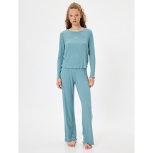 Koton Modal Kumaş Pijama Altı Düz Paça Dokulu Standart Bel Rahat Kalıp Mavi 5wlk40029mk Mavi