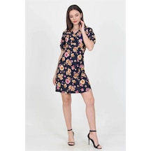 Dip Moda Kadın Kruvaze Yaka Çiçek Desenli Örme Krep Mini Elbise Nb100221 Lacivert