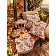 Missidea French Toile Elegance Desenli Dekoratif Masa Üstü Lambası Bali Şemsiyesi Seti Şemsiye + Runner + 2 Li Kırlent Kılıfı Kahverengi