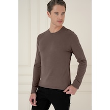 Slim Fit Ribanalı Düz Vizon Yünlü Bisiklet Yaka Triko Kazak Tr 900