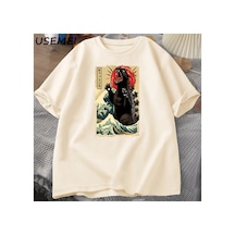 Tarzsokak Catzilla T Shirt Kedi Büyük Dalga Komik Tişört Erkekler Kadınlar İçin Japon Tshirt Büyük Boy 2932 Bej
