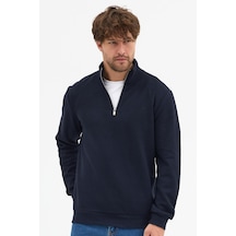 Mmetalic Erkek Lacivert Standart Fit Normal Kesim Pamuklu Yarım Fermuarlı Dik Yaka Pamuklu Sweatshirt Lacivert