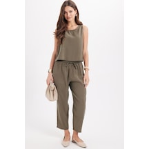 Tudors Kadın Standart Fit Normal Kesim Kolsuz Likralı Bisiklet Yaka Bluz Geniş Paça Haki Pantolon Takım-50955