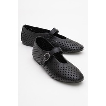 Arian Siyah Cilt Hakiki Deri Delikli Kadın Babet Ayakkabı Siyah Cilt