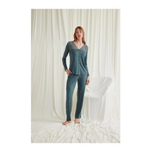 L'ombre Yakası Omzu Ve Paçası Dantelli Boydan Düğmeli Pijama Takımı Yeşil