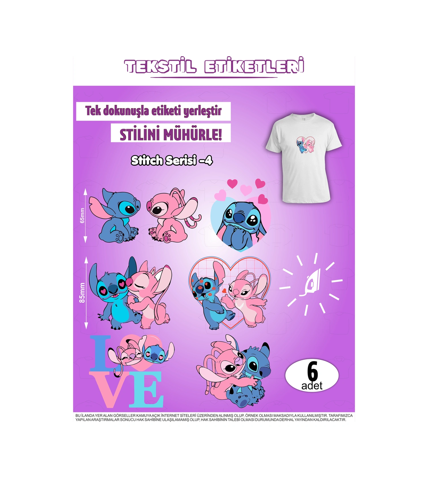Ütü İle Yapışan Kıyafet Etiketi Stitch Serisi -4 6lı Set Karışık