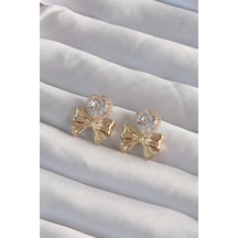 Pirinç Gold Renk Zirkon Taşlı Kalp Model Fiyonk Küpe - Tj-bkp9311 Altın