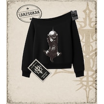Tarzsokak Gotik & Grunge Streetwear Cat Retro 6 Kayık Yaka Sweatshirt Siyah