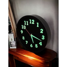 Fosforlu Gece Görünen Siyah Duvar Saati Çap 22 Cm Çanta Hediyeli Siyah