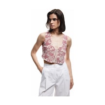 Koton Koton X Melis Ağazat - Slim Fit Pamuklu Önden Bağlama Detaylı Fiyonklu Çiçekli Kroşe Crop Yelek Bordo Desenli 5sak30011uk Bordo Desenli