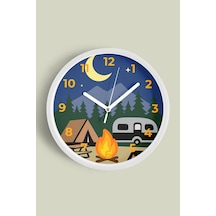 Karikatür Çizimi Kamp - Karavan Modern Çocuk Odası Duvar Saati - 30cm - Önü Camlı Beyaz Kasa Beyaz