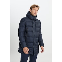 AC&Co / Altınyıldız Classics Erkek Lacivert Standart Fit Normal Kesim Çıkma Kapüşonlu Dik Yaka Yan Cepli Kaban Lacivert