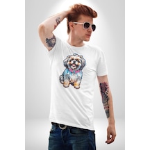 Shih Tzu Renkli Köpek Unisex Unisex Beyaz Organik Baskılı T-shirt Penye Yüksek Kalite Beyaz