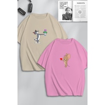 Unisex Kadın Erkek Çiçek Kalp Tom Ve Jerry Baskılı Sevgili Çift Kombini Tasarım Oversize Tshirt 2li Pembebej Mck0190 Çok Renkli