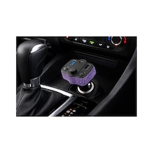Araç İçi Mor-lila Kristal Taşlı Fm Transmitter Bluetooth Usb Type-c Oto Çakmaklık