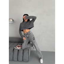 Kadın Straight Jean Yırtık Detaylı Ara Bel Boru Paça Kot Pantolon Gri Gri