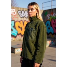 Benerly Kadın Dik Yaka Düşük Kol Tam Fermuarlı Peluş Sweatshirt Fonksiyon Haki